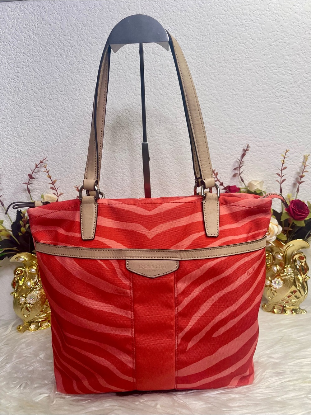 Coach Red Zebra-Print Tote with Tan Leather Trim in GUC.
